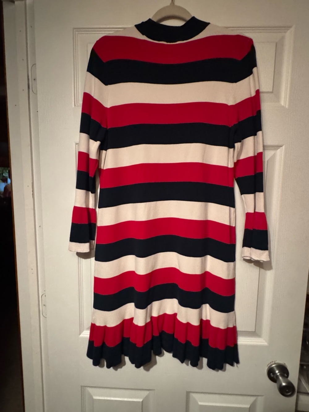 LOFT Sz Large Navy, Red and Off White Striped Sweater Dress w/glitter sleeve hem - Picture 8 of 10
